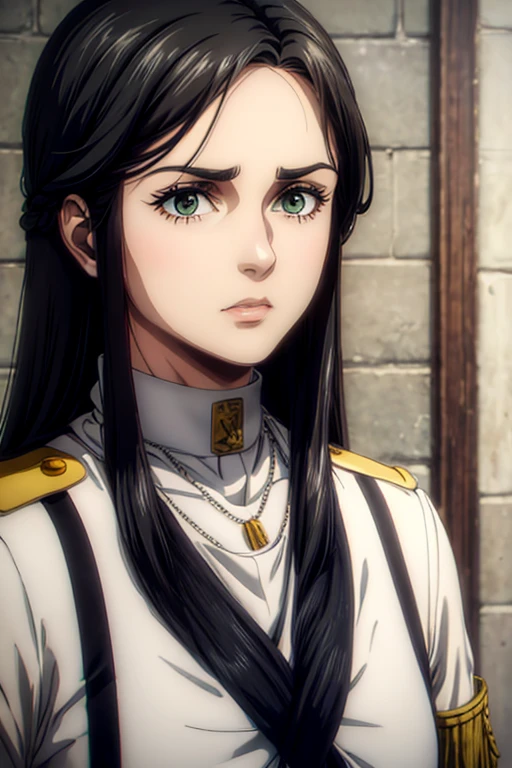 35 year old woman, long black hair, greeneyes, neutral expression, necklace on the neck, White military uniform, marley, liberio,