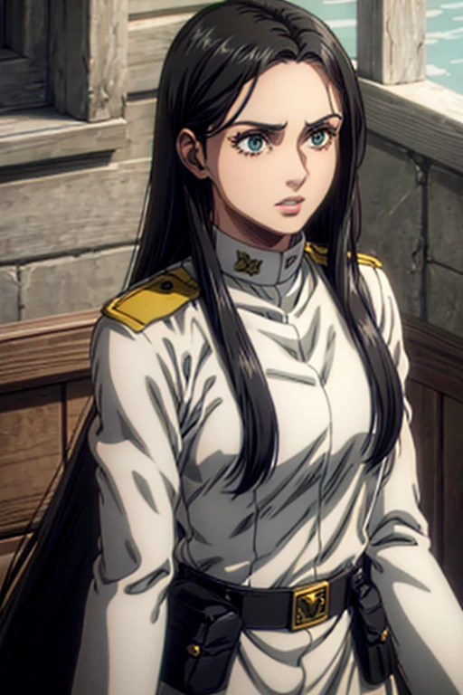 35 year old woman, long black hair, greeneyes, neutral expression, necklace on the neck, White military uniform, marley, liberio,