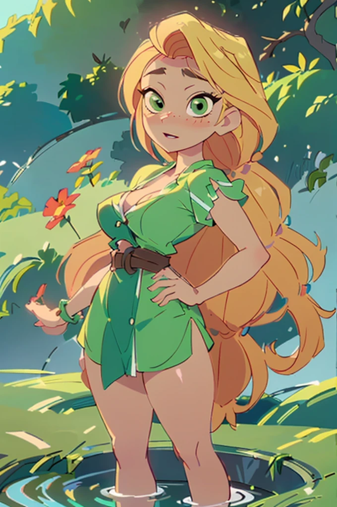 (rapunzel:1), tangled,  (standing in water:1.2), (long hair, blonde hair, green eyes:1), (long braid:1.5),  ((green eyes), (naked),  cartoony facial features, large round eyes, blonde hair, (realistic:1.2),  (masterpiece:1.2), (full-body-shot:1),(Cowboy-shot:1.2), green grass,  (highly detailed:1.2),(detailed face:1.2), (gradients), colorful, detailed eyes, (detailed landscape:1.2), (natural lighting:1.2),(detailed background),detailed landscape, (dynamic pose:1.2), close shot, solo, naked, big breasts,  topless,  bottomless,  vagina,  not wearing clothes 