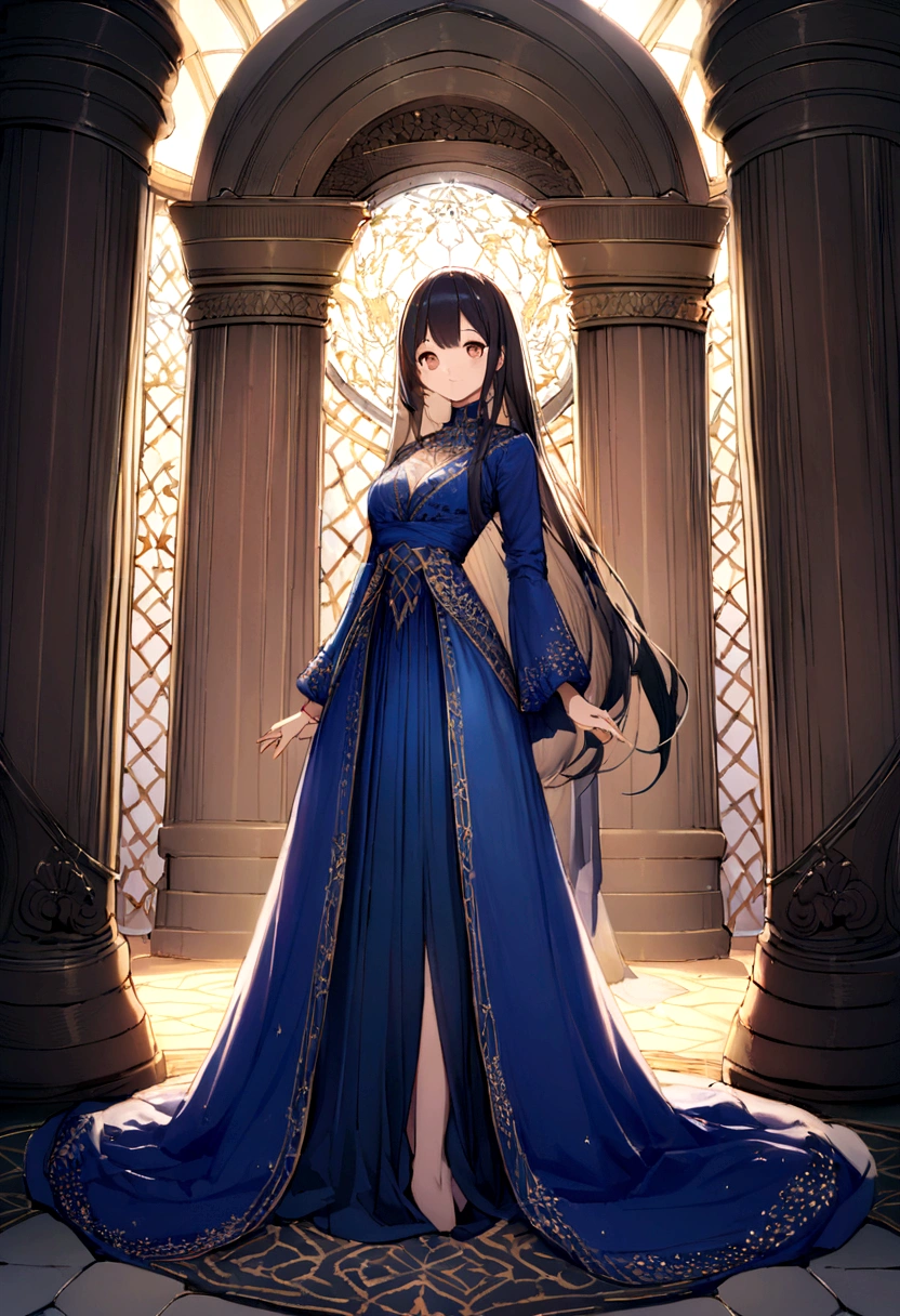 Panorama realism,A beautiful oriental woman with a graceful figure stands in an ancient hall full of vicissitudes of time.。She has long black hair that flows like a waterfall.,It falls naturally on her slender waist.。On the exquisite face,A pair of big almond-shaped eyes are bright and deep,There is a mysterious look in his eyes。Under the bridge of the tall nose,Cherry small mouth slightly raised,Show a charming smile。 She was wearing a gorgeous silk dress.,Skirts fluttering,It is embroidered with exquisite gold thread patterns。The color of the skirt is deep sapphire blue,Contrasting with the dim light in the hall。 This ancient hall is tall and spacious,The dome is painted with faded religious murals,The past glory can still be seen。The ground is paved with large bluestones,After years of polishing,Looks smooth and simple。The hall is surrounded by thick stone pillars.,The columns are intricately carved with reliefs,Telling a long story。 A few faint rays of light came in from the high windows,Sprinkle on women,Forming a hazy light and shadow,As if to isolate her from the ancient environment around her,Makes her more extraordinary。