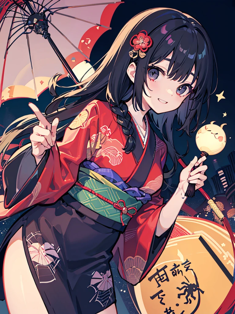 Spider web pattern kimono、Mysterious Woman、Black Hair、Braid your hair together、Black eyes、Horror、Spider Hanging Down、Spider-Woman、Black yukata、whole body、Low - Angle、An inappropriate smile、A strong-willed girl、night、Cool composition、whole body、Spider web on the screen、Spider web pattern kimono、Holding a Japanese umbrella with a spider web design、A very small teardrop-shaped ornament、Black and red kimono、Japanese-style decoration、Spider web lace on thighs