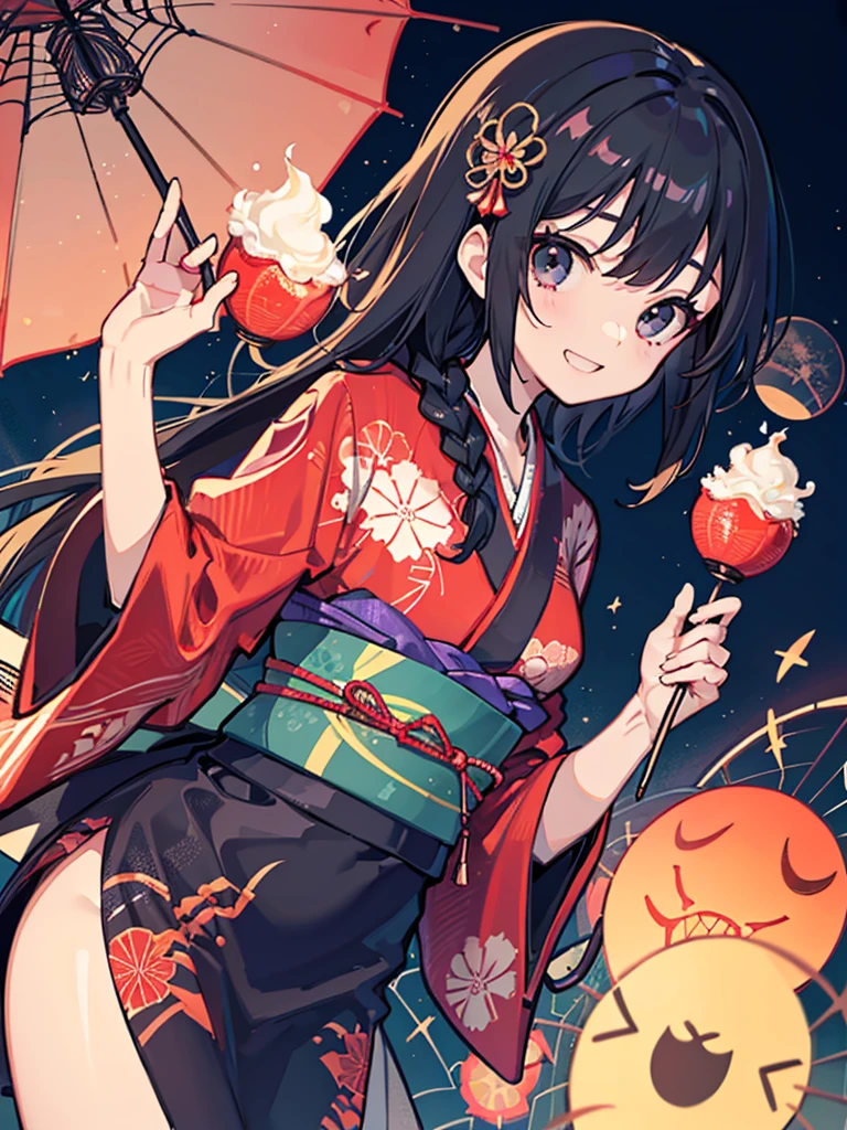 Spider web pattern kimono、Mysterious Woman、Black Hair、Braid your hair together、Black eyes、Horror、Spider Hanging Down、Spider-Woman、Black yukata、whole body、Low - Angle、An inappropriate smile、A strong-willed girl、night、Cool composition、whole body、Spider web on the screen、Spider web pattern kimono、Holding a Japanese umbrella with a spider web design、A very small teardrop-shaped ornament、Black and red kimono、Japanese-style decoration、Spider web lace on thighs