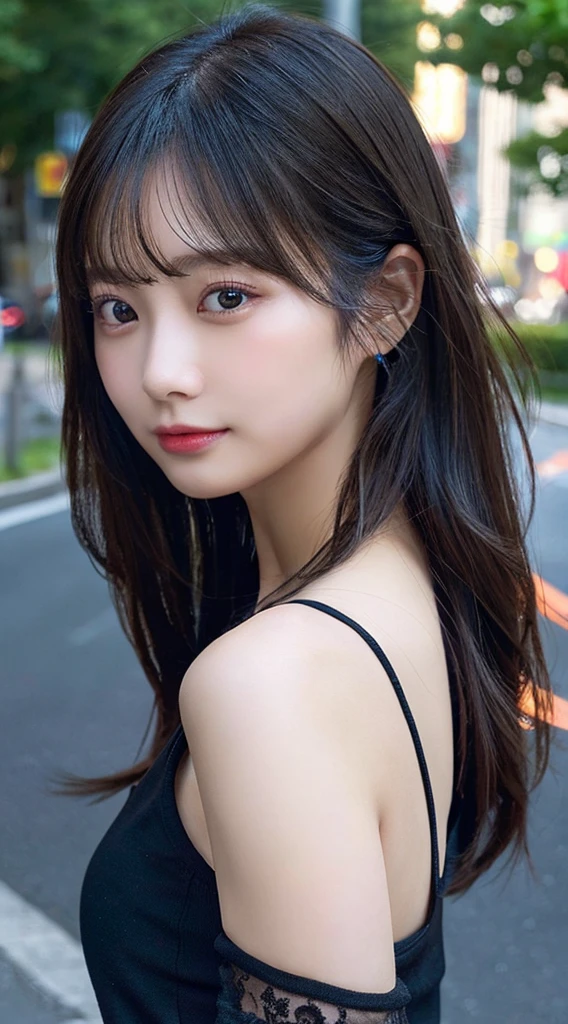 Tabletop, Highest quality, Very detailed, In detail, High resolution, In 8K, Perfect dynamic composition, Beautiful attention to detail, Natural Lip, delicate、Black tank top、Ezvian Everywhere 、plump 、beauty 、Beautiful black hair、Medium Straight Hair、delicateな目、delicateな目元、Highest quality、roadside、blue sky、Looking back