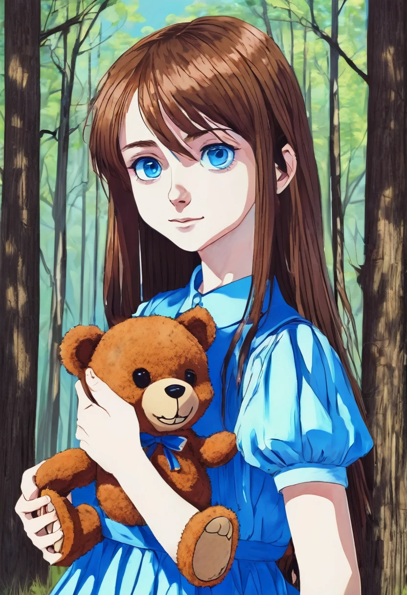 , hideous smile, holding a teddy bear in one hand, creepy, olhar malicioso, blue colored eyes, forest background, drawning, blue dress, intense stare, long hair