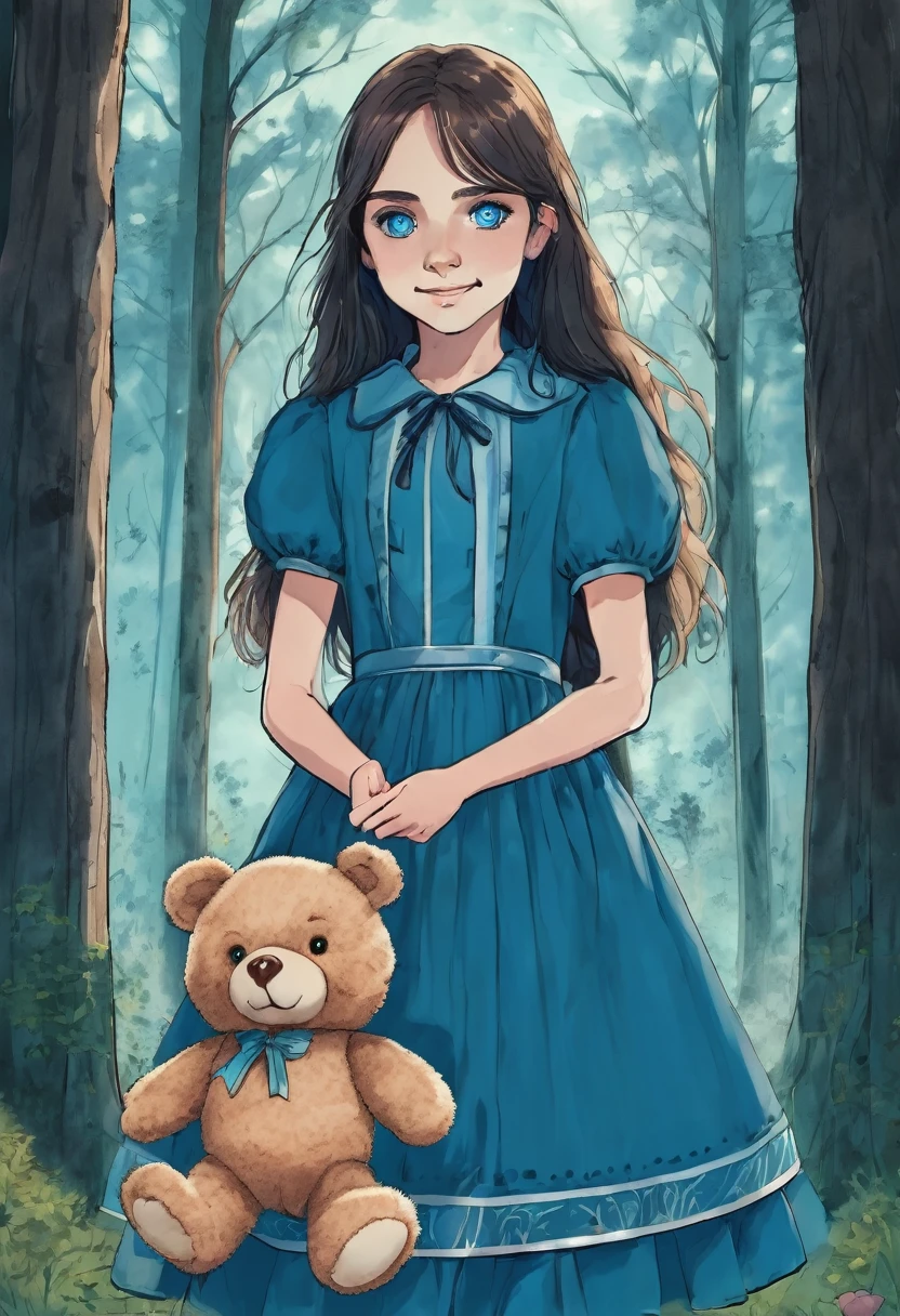 , hideous smile, holding a teddy bear in one hand, creepy, olhar malicioso, blue colored eyes, forest background, drawning, blue dress, intense stare, long hair