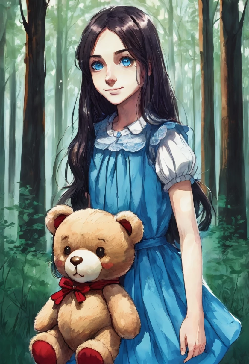  13 years old, hideous smile, holding a teddy bear in one hand, creepy, olhar malicioso, blue colored eyes, forest background, drawning, blue dress, intense stare, long  hair