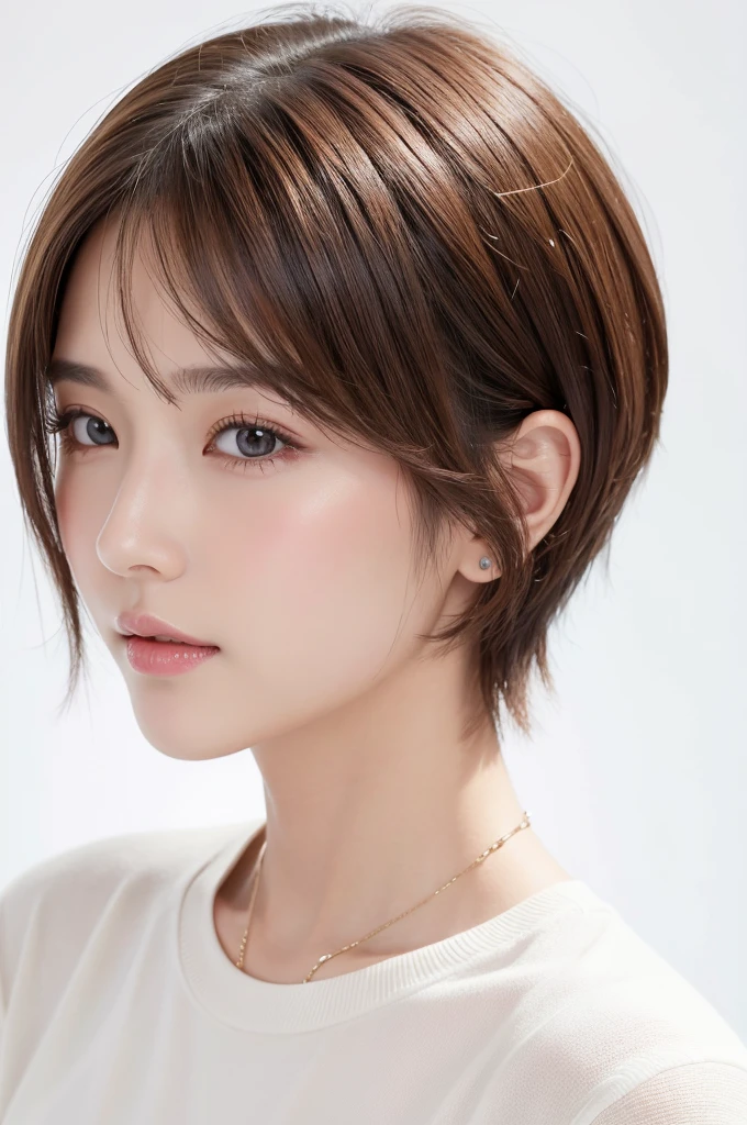 (Highest quality、Tabletop、8K、Best image quality、Award-winning works)、((profile:1.4))、ear、((short hair:1.46)),(Brown Hair)、(White casual clothes:1.2)、(The simplest pure white background:1.3)、(Perfectly fixed in front:1.1),(Portrait with Space:1.2)、Beautiful and exquisite、Perfect Makeup、Ultra-high definition beauty face、Ultra HD Hair、Ultra HD Shining Eyes、Super high quality glossy lip、Accurate anatomy、Very beautiful skin、(Pure white skin shining in ultra-high resolution:1.1)、(Very bright:1.2),Big Natural Color Lip、Lip gloss,Harajuku、cute、cute美人