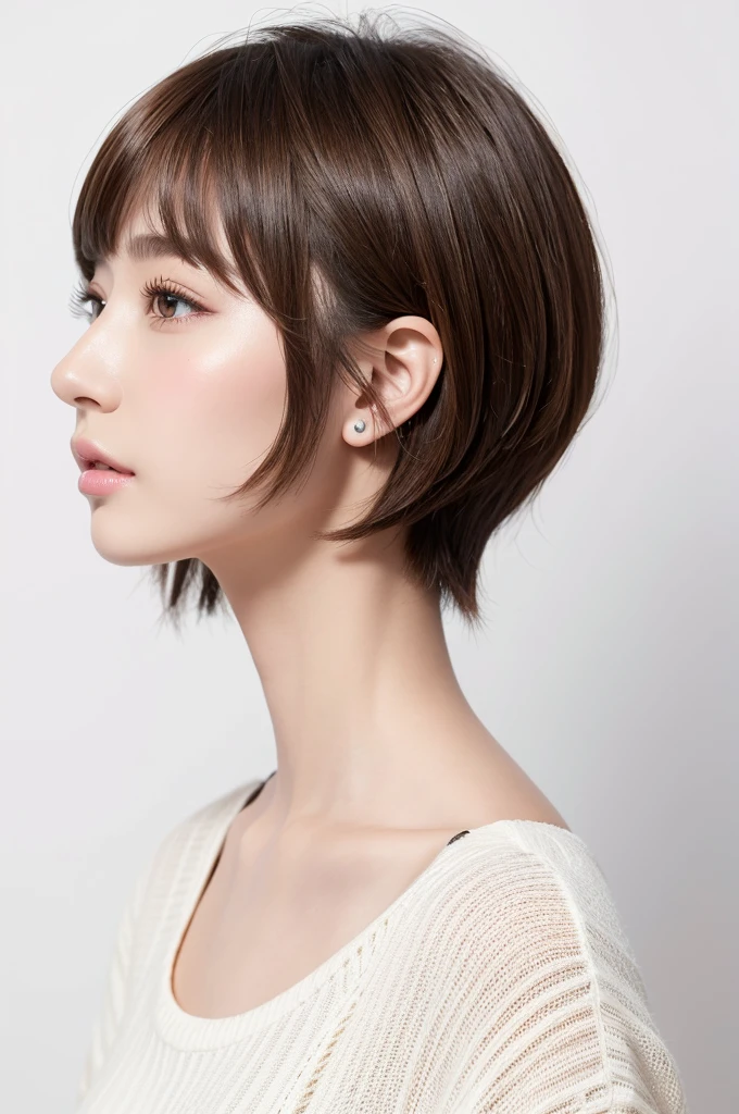 (Highest quality、Tabletop、8K、Best image quality、Award-winning works)、((profile:1.4))、ear、((short hair:1.46)),(Brown Hair)、(White casual clothes:1.2)、(The simplest pure white background:1.3)、(Perfectly fixed in front:1.1),(Portrait with Space:1.2)、Beautiful and exquisite、Perfect Makeup、Ultra-high definition beauty face、Ultra HD Hair、Ultra HD Shining Eyes、Super high quality glossy lip、Accurate anatomy、Very beautiful skin、(Pure white skin shining in ultra-high resolution:1.1)、(Very bright:1.2),Big Natural Color Lip、Lip gloss,Harajuku、cute、cute美人