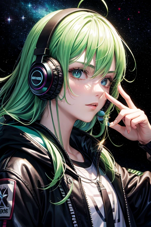 background galaxy,Portrait bad boy, Green hair, large headphones 