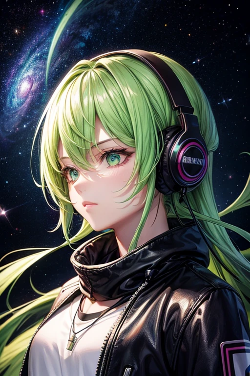 background galaxy,Portrait bad boy, Green hair, large headphones 