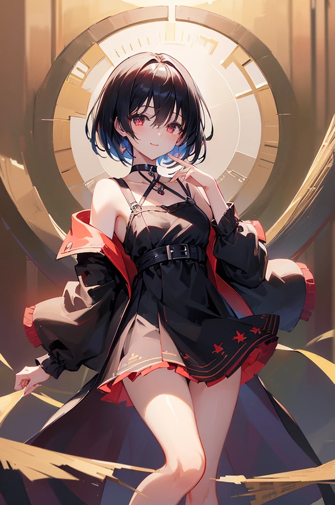 (masterpiece, highest quality, highest quality, (No text), Beautiful and aesthetic:1.2),No text,アニメ、BREAK,One Girl，Black Hair Girl　short hair　older sister　choker　Tree Eyes　Beautiful eyes　Red eyes　cool　smile　Red and Black　Black jacket　mini skirt　whole body　In town