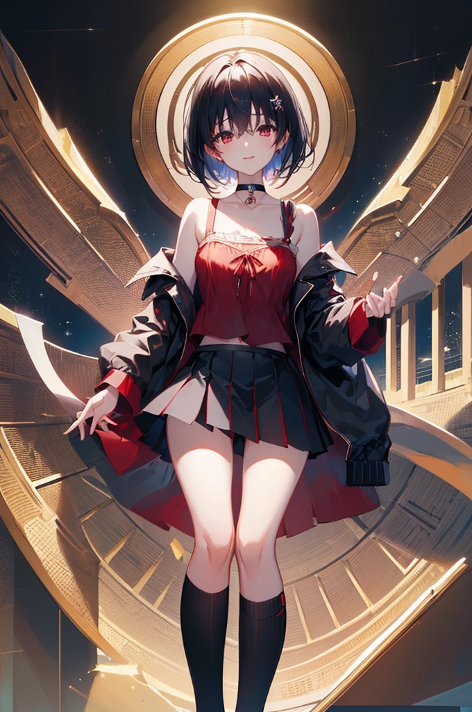 (masterpiece, highest quality, highest quality, (No text), Beautiful and aesthetic:1.2),No text,アニメ、BREAK,One Girl,Black Hair Girl short hair older sister choker Tree Eyes Beautiful eyes Red eyes cool smile Red and Black Black jacket mini skirt whole body In town