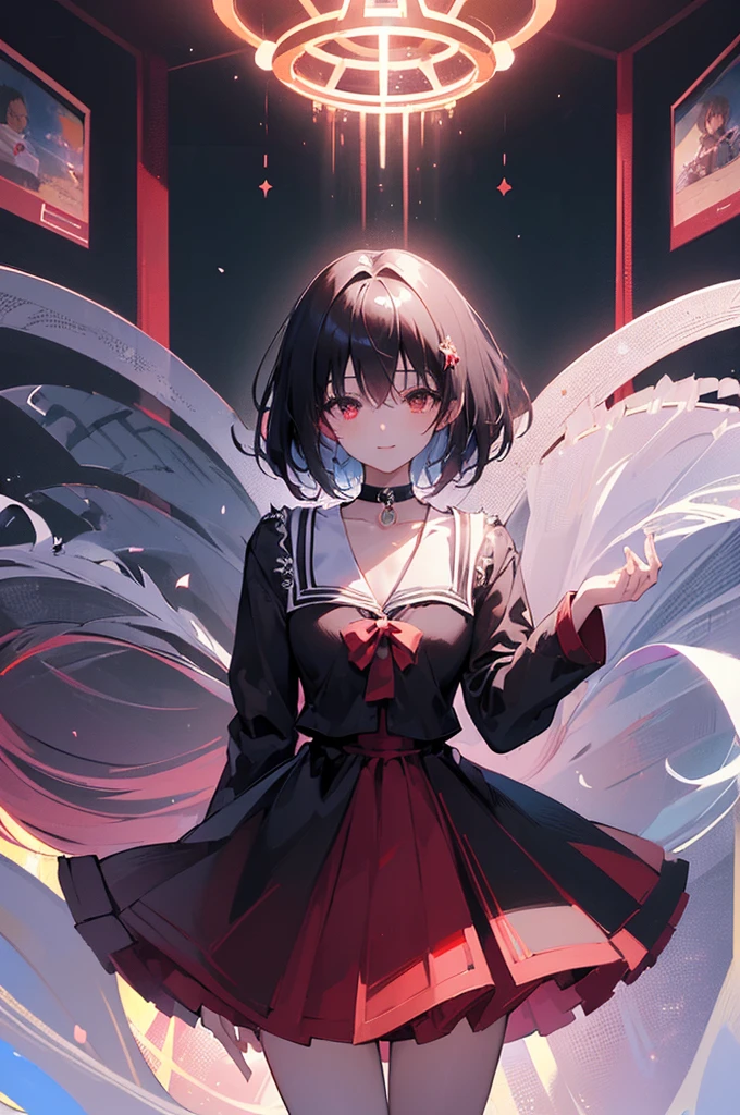 (masterpiece, highest quality, highest quality, (No text), Beautiful and aesthetic:1.2),No text,アニメ、BREAK,One Girl，Black Hair Girl　short hair　older sister　choker　Tree Eyes　Beautiful eyes　Red eyes　cool　smile　Red and Black　Black jacket　mini skirt　whole body　In town