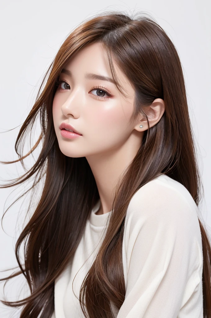 (Highest quality、Tabletop、8K、Best image quality、Award-winning works)、((profile:1.4))、ear、((Long Hair:1.46)),(Brown Hair)、(White casual clothes:1.2)、(The simplest pure white background:1.3)、(Perfectly fixed in front:1.1),(Portrait with Space:1.2)、Beautiful and exquisite、Perfect Makeup、Ultra-high definition beauty face、Ultra HD Hair、Ultra HD Shining Eyes、Super high quality glossy lip、Accurate anatomy、Very beautiful skin、(Pure white skin shining in ultra-high resolution:1.1)、(Very bright:1.2),Big Natural Color Lip、Lip gloss,Harajuku、cute、cute美人