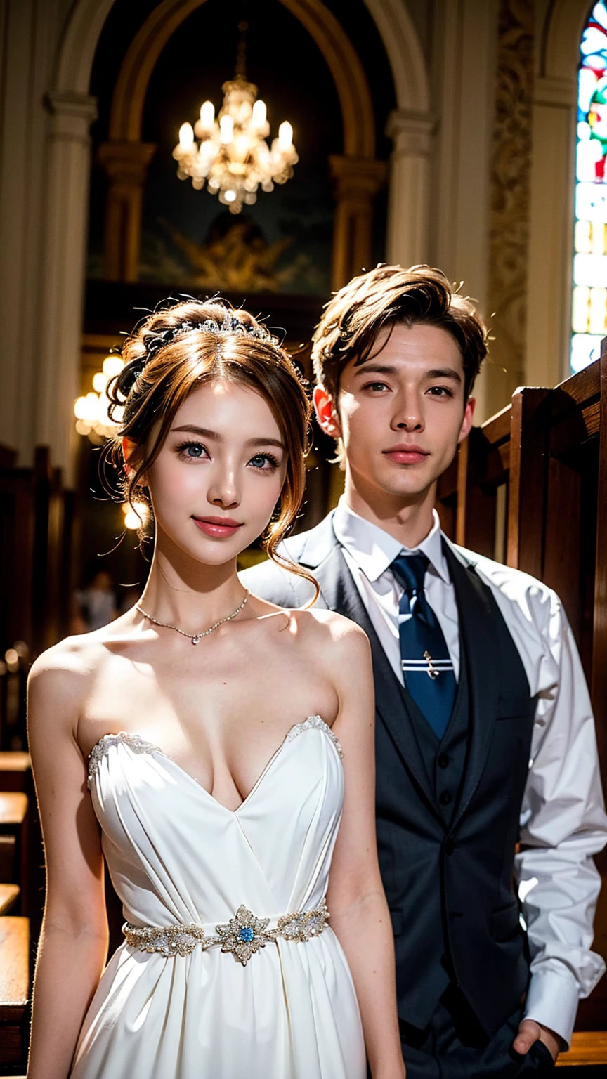 bride、Wedding Style、Wedding Styleの写真、Luxury dresses、church、Light clothing、Formal Wear、night景、illumination、blue eyes、blonde、short hair、Hair tied up、Full body photo、Sexy Face、short hair、 Complete look、(((masterpiece)))、((Highest quality))、((超Realistic))、成熟したwoman、成熟したwoman、perspective、Very detailed、The perfect temptation、Best image quality、Fine-grained image quality、beautiful、Europe, woman, French, woman Italian, Italian, smile、blue eyes、jewelry, blue eyes, Realistic, High resolution, Glowing Skin, (Detailed face),jewelry, , night, blonde, Wavy Hair,Attractive appearance, smile,