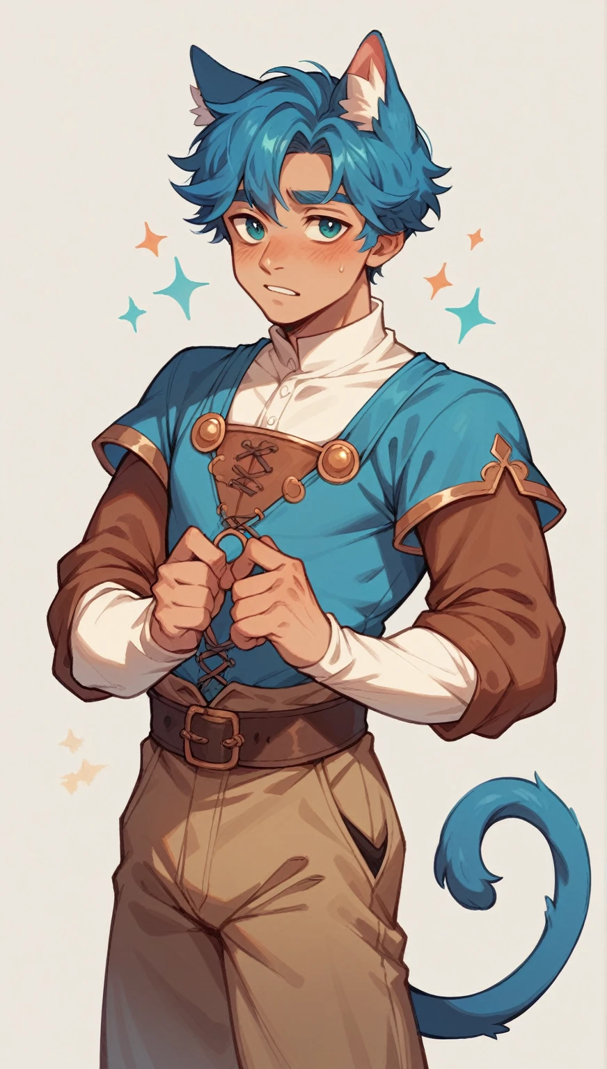man is a male teenager with a cat's tail and blue ears and a feminine and delicate physique with a square hairstyle in medieval clothes of a fantasy miner
