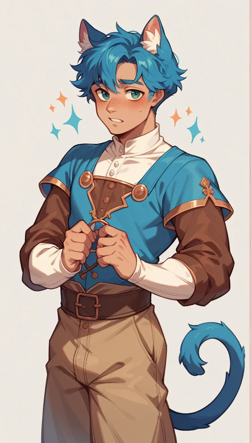 man is a male teenager with a cat's tail and blue ears and a feminine and delicate physique with a square hairstyle in medieval clothes of a fantasy miner
