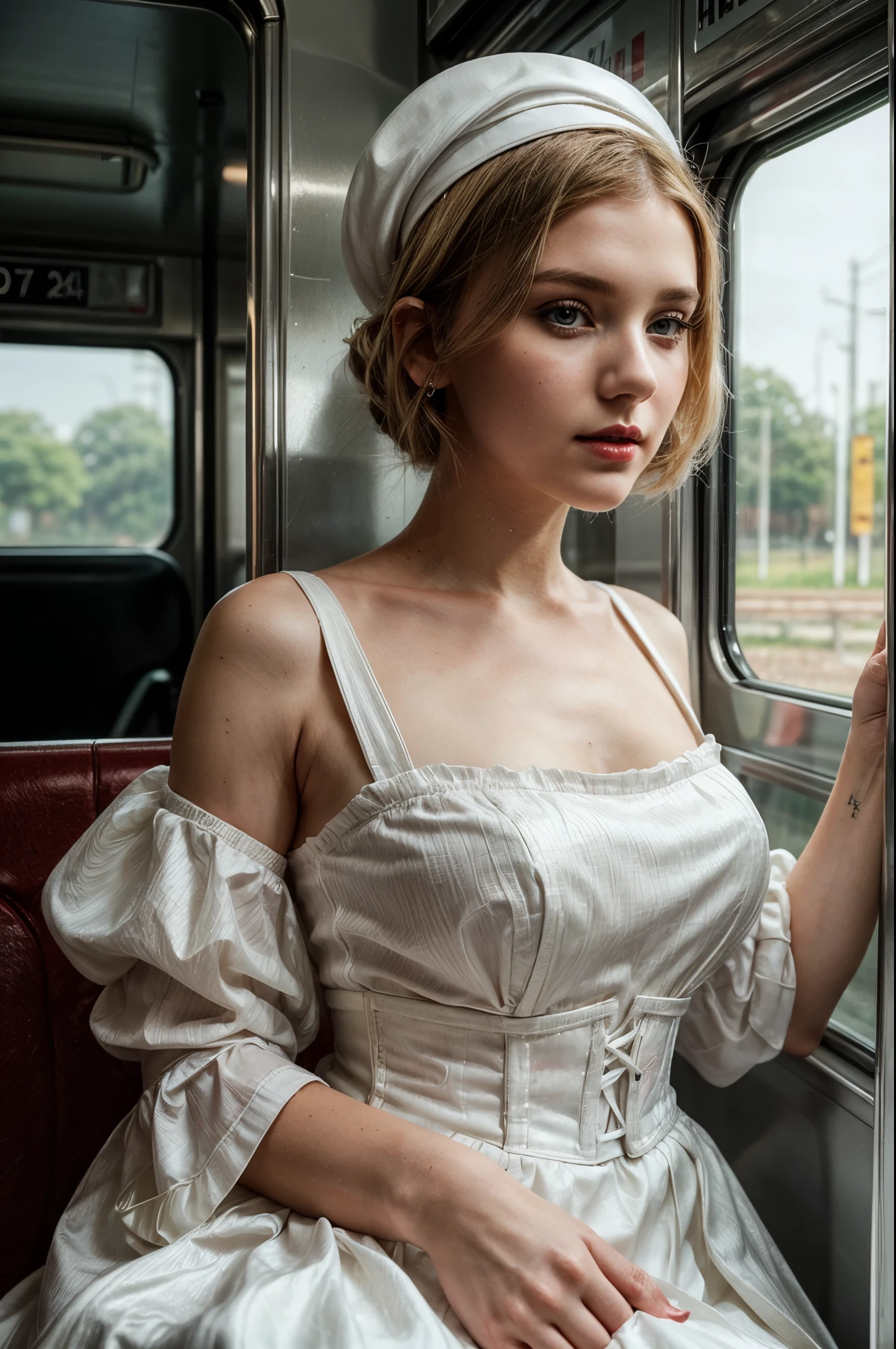 A young woman with cherry red lips and a small, delicate nose. She is well-groomed, with blonde hair, and elegantly dressed in a traditional long white gown with full sleeves and a tight corset, creating an hourglass silhouette. She wears a white cap that adds a touch of vintage charm and is carrying an umbrella. Her appearance closely resembles Millie Bobby Brown, with a youthful charm and poised elegance. The image should be highly realistic and rendered in ultra HD,
She is sitting in a train and staring out of the window