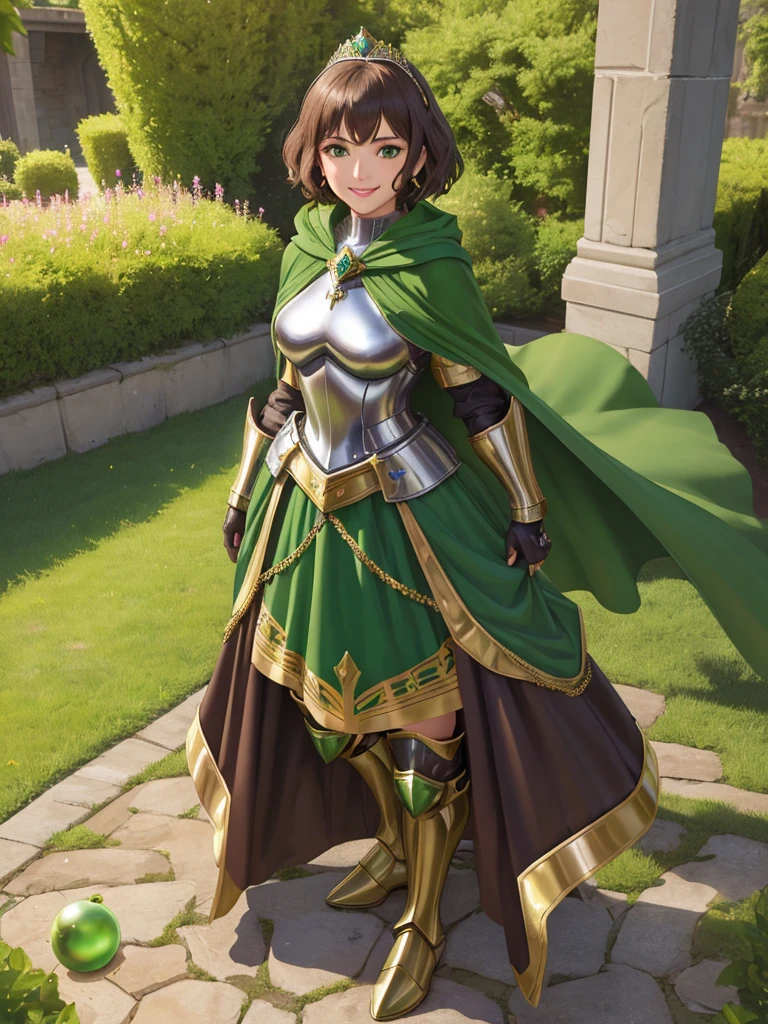 masterpiece, best quality:1.2), 1girl, smile, looking at viewer, green eyes, short brown hair, princess, armor, , pauldrons, armored dress, green cloak cape, wearing puffy blue ballgown skirt, golden tiara with green gem, armored boots, fingerless gloves, standing in medieval garden