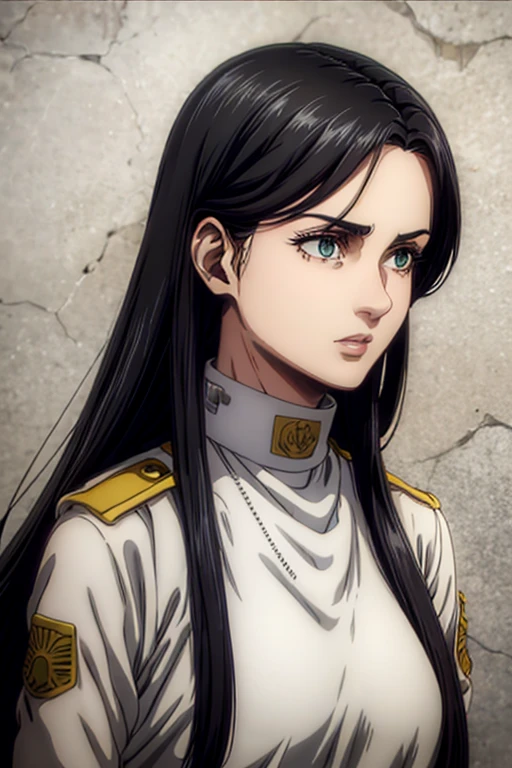 35 year old woman, long black hair, greeneyes, neutral expression, necklace on the neck, White military uniform, marley, liberio,