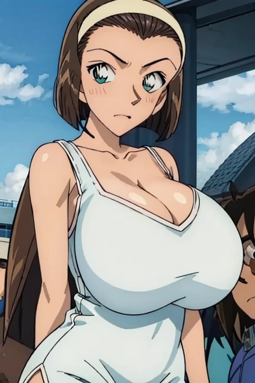 looking at the camera、When I Look at You、lookatviewer、Anime Style、Eroge、1 Girl,  (Huge breasts), (Tight white camisole dress)、Low Angle、Brown haired, hair band、Bob Hair、The forehead is visible、blush,The whole body is visible:1.5、Dolphin Shorts、Cleavage、O-neck