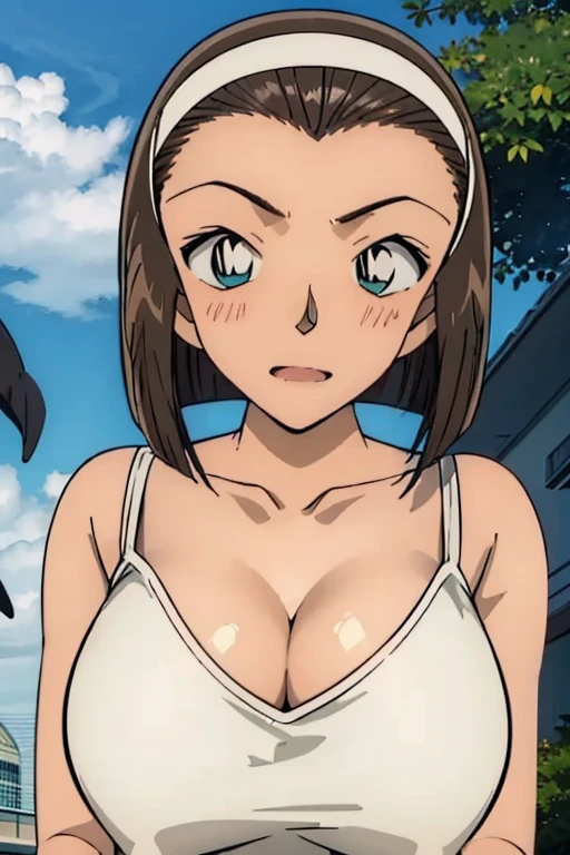 looking at the camera、When I Look at You、lookatviewer、Anime Style、Eroge、1 Girl,  (Huge breasts), (Tight white camisole dress)、Low Angle、Brown haired, hair band、Bob Hair、The forehead is visible、blush,The whole body is visible:1.5、Dolphin Shorts、Cleavage、O-neck