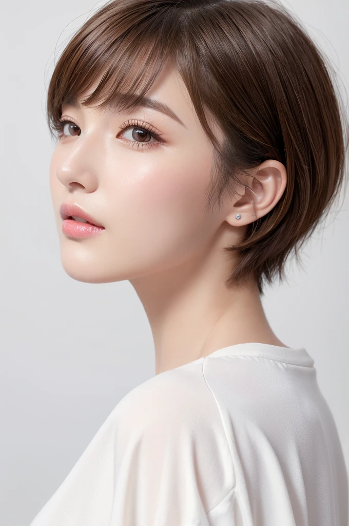 (Highest quality、Tabletop、8K、Best image quality、Award-winning works)、((profile:1.4))、ear、((short hair:1.46)),(Brown Hair)、(White casual clothes:1.2)、(The simplest pure white background:1.3)、(Perfectly fixed in front:1.1),(Portrait with Space:1.2)、Beautiful and exquisite、Perfect Makeup、Ultra-high definition beauty face、Ultra HD Hair、Ultra HD Shining Eyes、Super high quality glossy lip、Accurate anatomy、Very beautiful skin、(Pure white skin shining in ultra-high resolution:1.1)、(Very bright:1.2),Big Natural Color Lip、Lip gloss,Harajuku、cute、cute美人