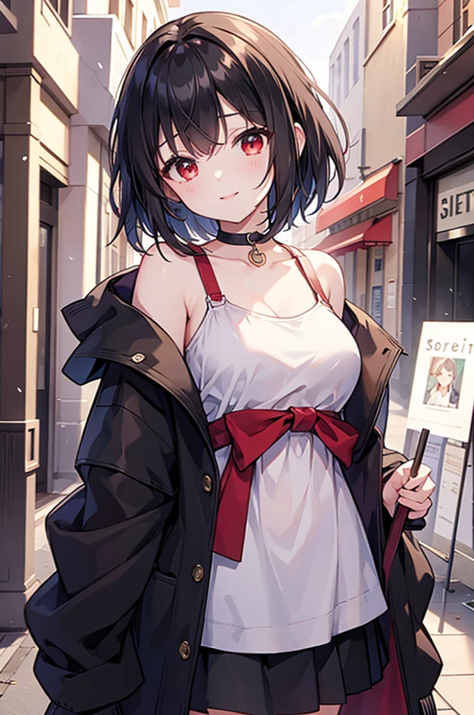 (masterpiece, highest quality, highest quality, (No text), Beautiful and aesthetic:1.2),No text,アニメ、BREAK,One Girl，Black Hair Girl　short hair　older sister　choker　Tree Eyes　Beautiful eyes　Red eyes　cool　smile　Red and Black　Black jacket　mini skirt　whole body　In town