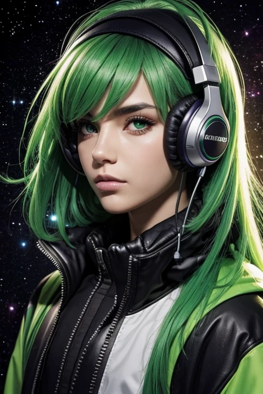 background galaxy,Portrait bad boy, Green hair, large headphones