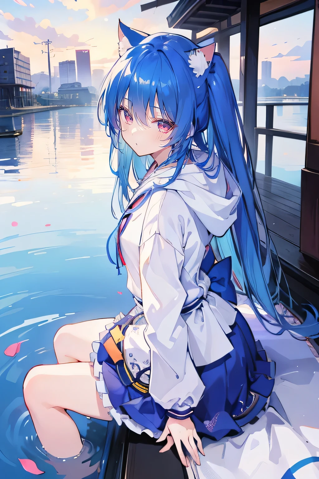 (masterpiece:1.2),Super detailed,lifelike,Expressive eyes,fair skin,perfect face shape,1 girl,
Japanese comics,Gorgeous blue hair,flowing blue hair,flowing clothes,Cat ears,Petals fall,beautiful lola,Baby Angel,
Shaking head with one hand,Cross your legs,Gentle and peaceful background,The pavilion is cool and comfortable,smile, wearing hoodie, background of tokyo,back views, winter,lie on the water。