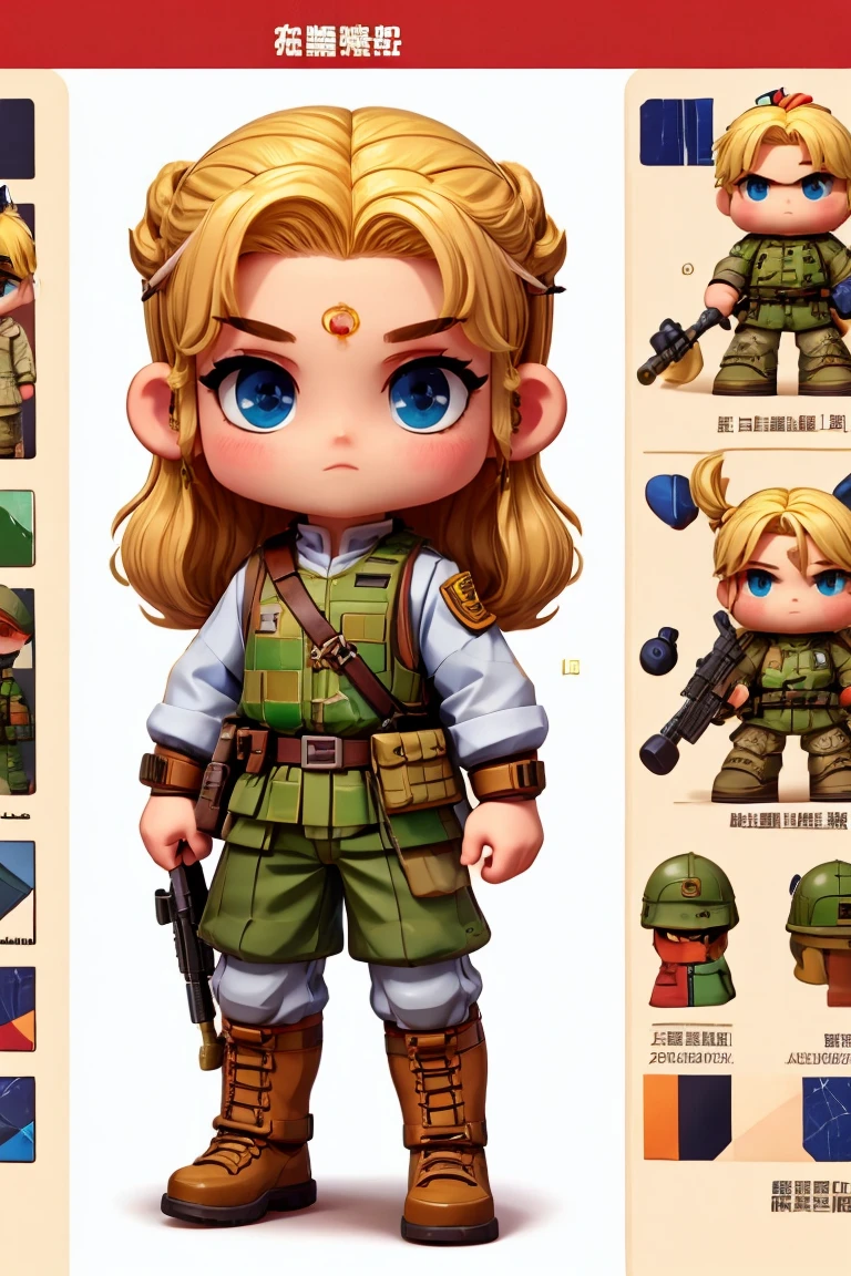 Create a character of a little soldier, with green military clothes, muscular body, red band on the forehead, blonde hair.