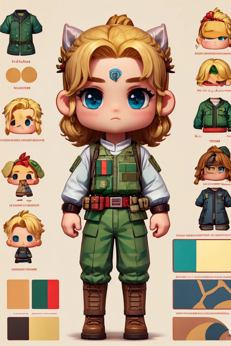 Create a character of a little soldier, with green military clothes, muscular body, red band on the forehead, blonde hair.