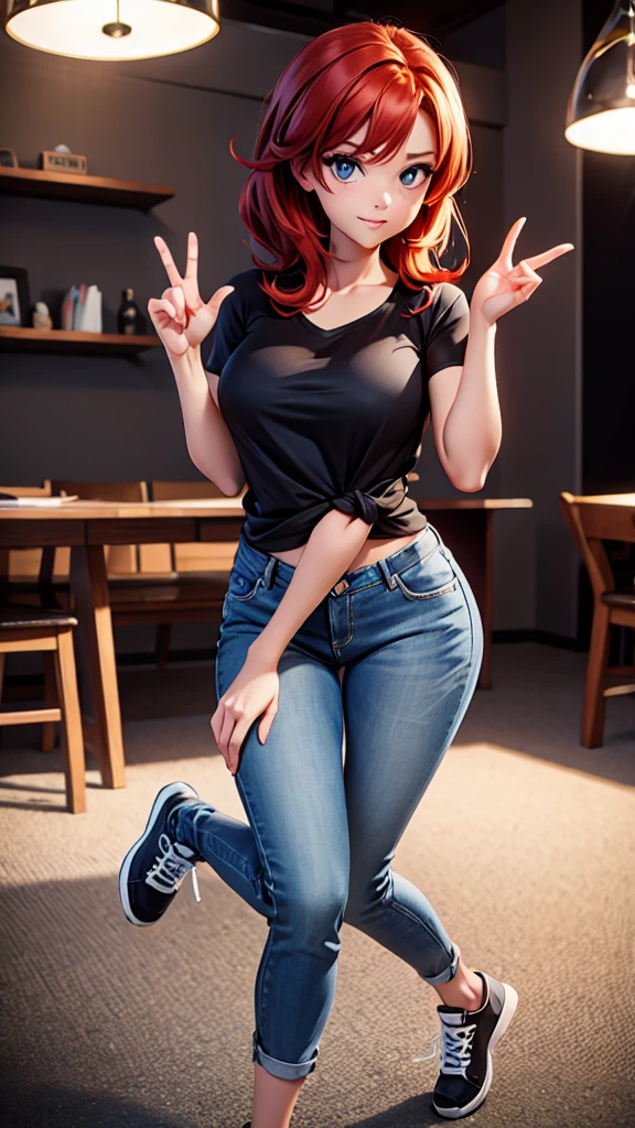 A beautiful woman, full body, looking at the camera, thumb raised in an OK sign, Pixar and manga art style, highly detailed, 8K, photorealistic, studio lighting, vivid colors, cinematic, sharp focus, physically-based rendering, professional quality, masterpiece, redhead, digitale style; cloth : sportwear, tshirt and jean