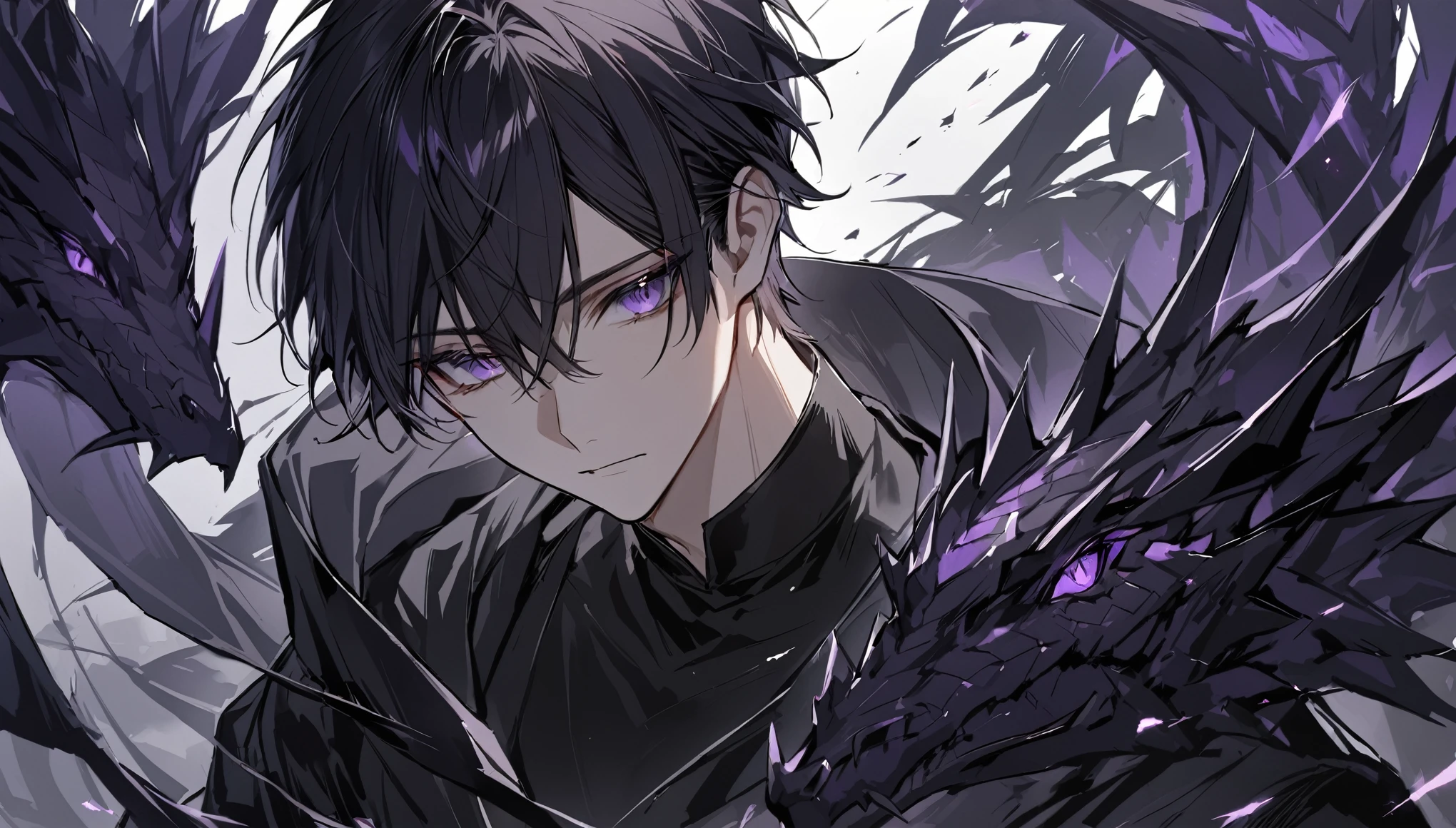 good looking, alone, 1 male, short hair, Black Hair, Purple eyes, Black Shirt, Black Cape, Black Dragon