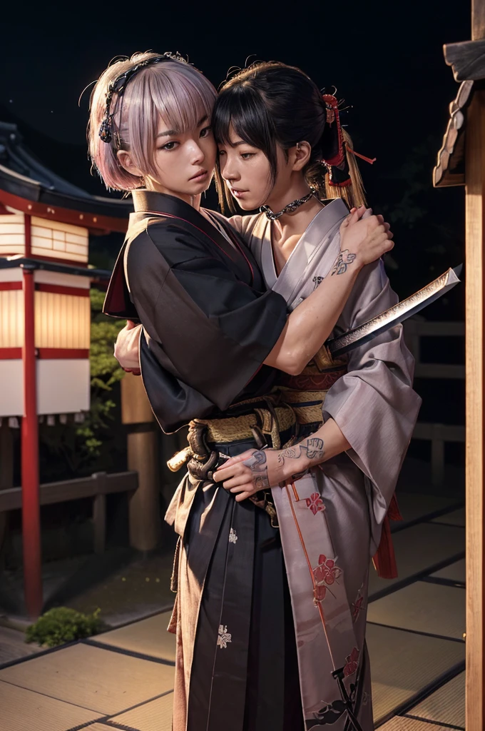 nsfw,(Highest quality:1.2),32k HDR,High resolution,Perfect Anatomy,Wet and shiny white skin,Slender model figure,Ahegao,Silver and pink hair,short hair,soaked through,Super small face,Collar and leash,Alley,Edo Town,shrine,Domestic,photo shoot,Maid,((Japanese sword)),tattoo,((whole bodyにタトゥー)),(Arms covered in tattoos),tattoo,((whole bodyにタトゥー)),(Arms covered in tattoos),(whole bodyをA body covered in tattoos), (A body covered in tattoos),((Collar with leash)),(Lockに繋がれた少女),Women in ecstasy,climax,Acme,Detailed skin texture, Detailed face, Fine grain,((whole body)),((艶やかなkimono)),(((nightの町))),((暗darkness)),((頭からfootまで)),((Lock帷子)),(((Lock))),(foot),(((Wrapped in a cloth))),((geta)),((大きなJapanese swordを構える)),(((Japanese swordを構える)),((kimono)),((Are standing)),((Wrap a cloth around your chest)),(((巨大なJapanese sword))),((Wear a black belt around your waist)),((花柄のkimono)),((Thin fabric)),((身長と同じくらいの大きさのJapanese swordを振りかぶる)),((night:1.2)),((Dim light)),((Glaring at the camera)),((Bold pose)),(((Restraints))),(((darkness))),(((moonlight:1.5))),,(((kimonoの上からLockを身体中に巻く:1.2))),(((Japanese sword:1.3))),((Lock)),((Hakama)),((Wrap the chain:1.2)),(((Two Subjects)),((Two women:1.2)),((Embrace each other)),