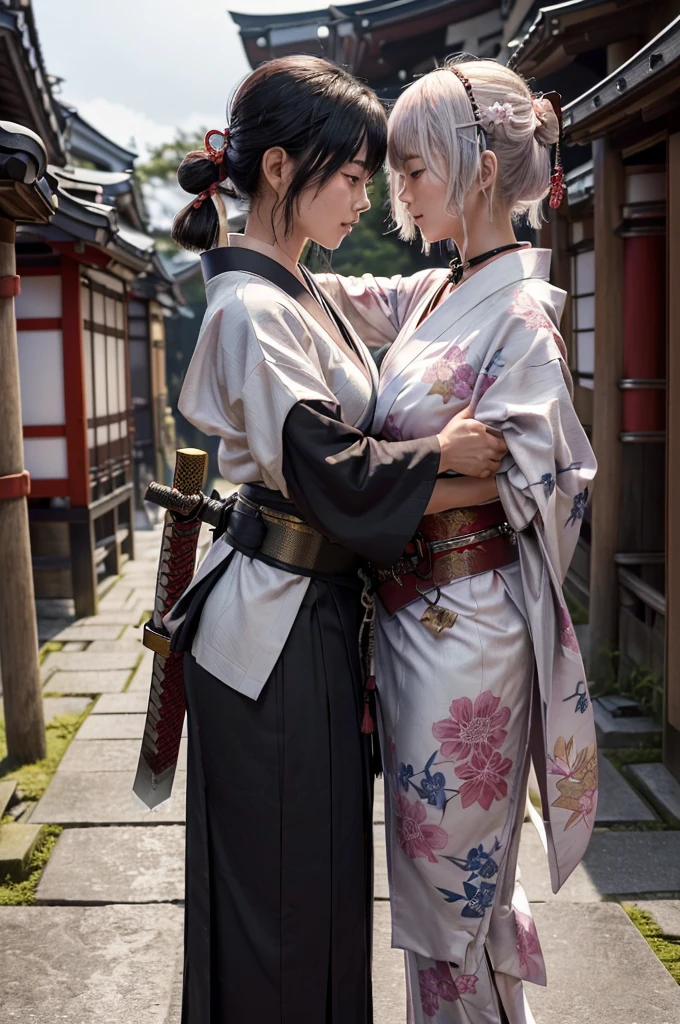 nsfw,(Highest quality:1.2),32k HDR,High resolution,Perfect Anatomy,Wet and shiny white skin,Slender model figure,Ahegao,Silver and pink hair,short hair,soaked through,Super small face,Collar and leash,Alley,Edo Town,shrine,Domestic,photo shoot,Maid,((Japanese sword)),tattoo,((whole bodyにタトゥー)),(Arms covered in tattoos),tattoo,((whole bodyにタトゥー)),(Arms covered in tattoos),(whole bodyをA body covered in tattoos), (A body covered in tattoos),((Collar with leash)),(Lockに繋がれた少女),Women in ecstasy,climax,Acme,Detailed skin texture, Detailed face, Fine grain,((whole body)),((艶やかなkimono)),(((nightの町))),((暗darkness)),((頭からfootまで)),((Lock帷子)),(((Lock))),(foot),(((Wrapped in a cloth))),((geta)),((大きなJapanese swordを構える)),(((Japanese swordを構える)),((kimono)),((Are standing)),((Wrap a cloth around your chest)),(((巨大なJapanese sword))),((Wear a black belt around your waist)),((花柄のkimono)),((Thin fabric)),((身長と同じくらいの大きさのJapanese swordを振りかぶる)),((night:1.2)),((Dim light)),((Glaring at the camera)),((Bold pose)),(((Restraints))),(((darkness))),(((moonlight:1.5))),,(((kimonoの上からLockを身体中に巻く:1.2))),(((Japanese sword:1.3))),((Lock)),((Hakama)),((Wrap the chain:1.2)),(((Two Subjects)),((Two women:1.2)),((Embrace each other)),