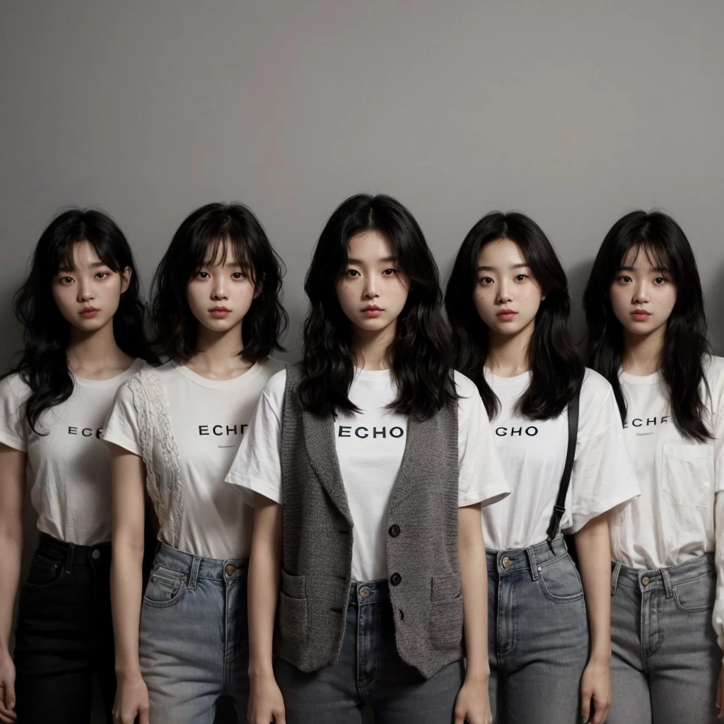 5 Korean girls standing in a line from right to left. Ages range from to 20 years old. Medium black hair (((3 girls with messy hairstyles), (1 girl with a wavy bob hairstyle), (1 girl with a ponytail hairstyle))), medium chest size, medium arm size, perfect body. Wearing plain white t-shirts with the word "ECHO", wearing vests, serious expressions looking at the camera. Gray background.