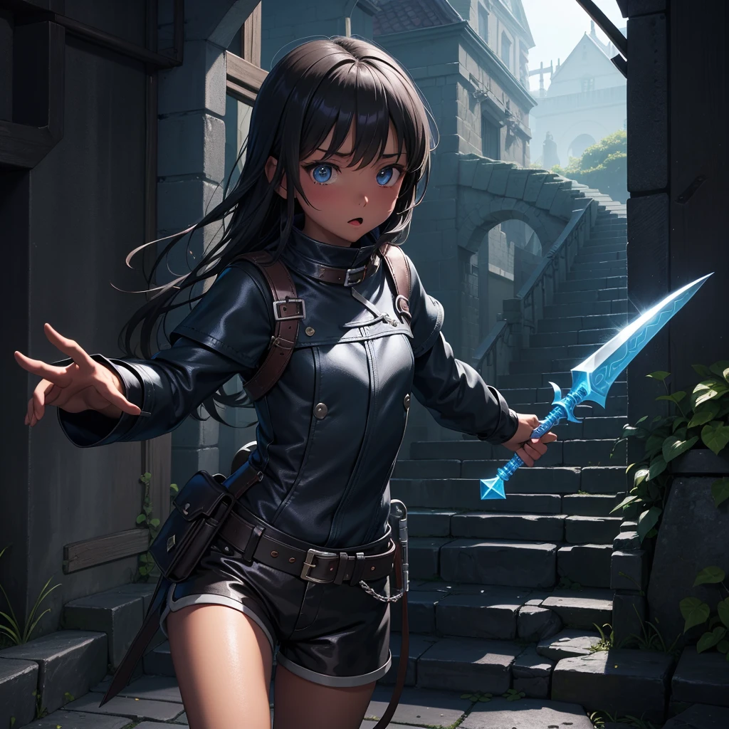 最high quality、high quality、Simple cloth clothing、10Year old girl adventurer、Descend the maze stairs、Leather Armor、Shorts、Equipped with a dagger and a shield、In a dark maze、The body is being swallowed by slime