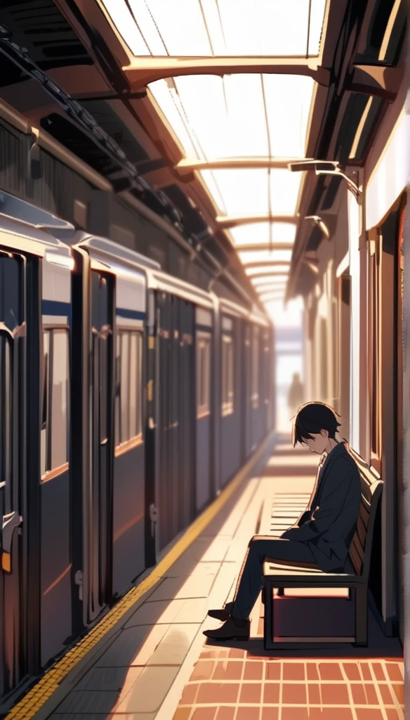 a young boy sad and seat alone in bench railway station said and boy near passing rail