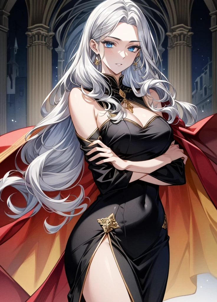(work of art: 1.2), (best qualityer: 1.2) adolescent, mellow, Height (1.70), about 18 years old, silver hair(offwhite), slickedback hair, long hair, tied up hair, sapphire blue eyes, gold eyes, perfects eyes, Delicate Eyes, realisticeyes, natural eyes, Long eyelashes, anime styling, face perfect, fleshy lips, ssmile, mellow, large busts, steep busts, skin fair, natural body, corpo sexy, mellow body , posing with arms crossed , wearing a red and black dress, long robe, cape back dress, Broad Hips, gazing at viewer, Background setting, set in an old castle, supernatural castle, posing from the front., Demonic Angel, regard froid, black and tight dress with red interior