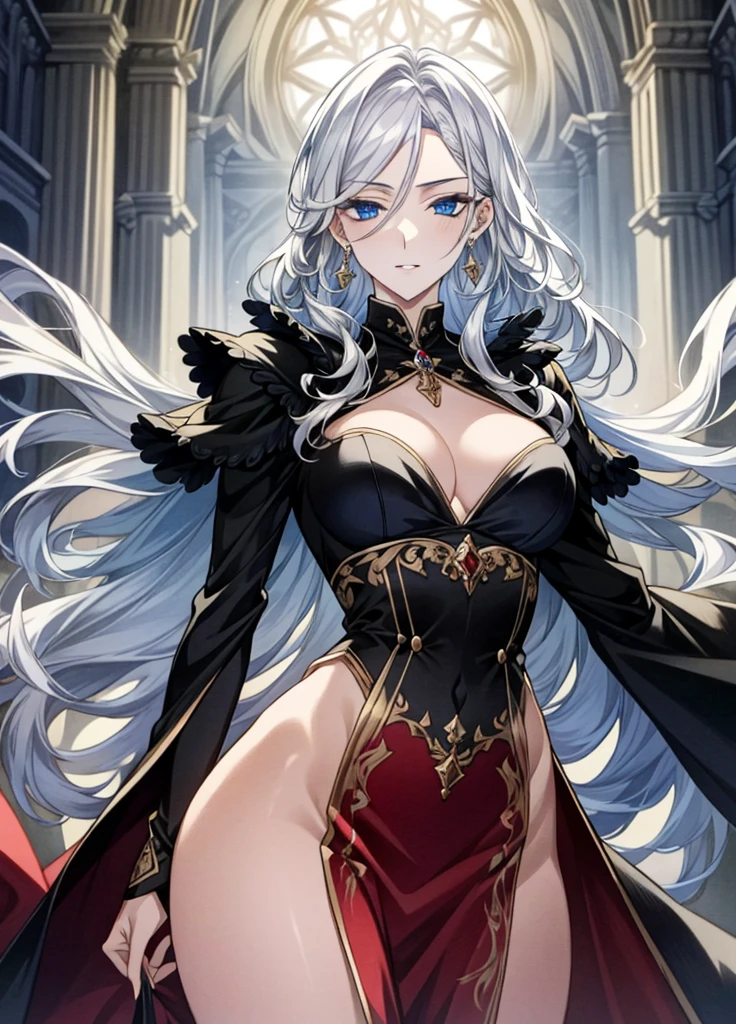 (work of art: 1.2), (best qualityer: 1.2) adolescent, mellow, Height (1.70), about 18 years old, silver hair(offwhite), slickedback hair, long hair, tied up hair, sapphire blue eyes, gold eyes, perfects eyes, Delicate Eyes, realisticeyes, natural eyes, Long eyelashes, anime styling, face perfect, fleshy lips, ssmile, mellow, large busts, steep busts, skin fair, natural body, corpo sexy, mellow body , posing with arms crossed , wearing a red and black dress, long robe, cape back dress, Broad Hips, gazing at viewer, Background setting, set in an old castle, supernatural castle, posing from the front., Demonic Angel, regard froid, black and tight dress with red interior