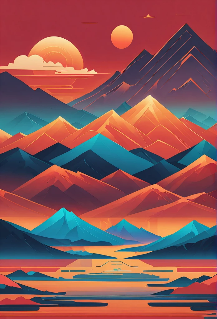pine,A Thousand Miles of Rivers and Mountains,Lacquer、relief、mountains,gold foil,Minimalist composition of Alpine landscapes、red sky solid collustration