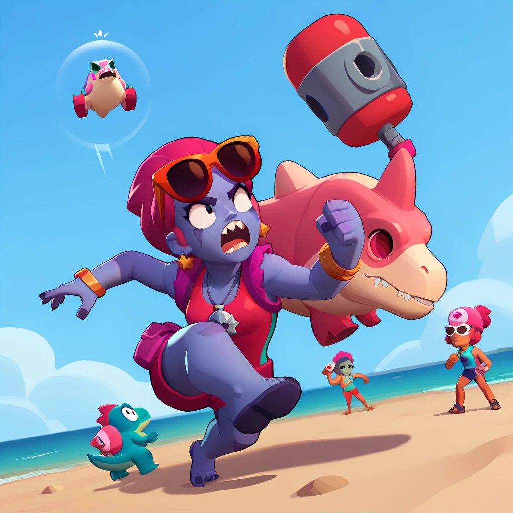 full body view of a dinosaur, dark blue skin, female, dressed in a red swimsuit and sunglasses, with a pink and white buoy, dinosaur animal, fight, brawl stars