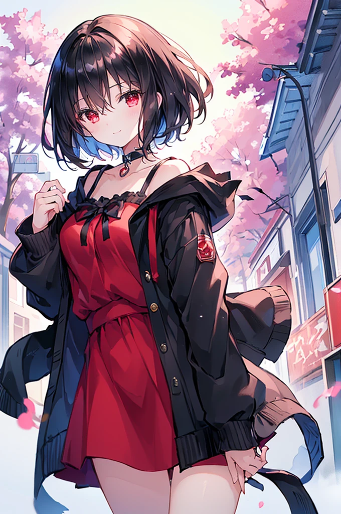 (masterpiece, highest quality, highest quality, (No text), Beautiful and aesthetic:1.2),No text,アニメ、BREAK,One Girl,Black Hair Girl short hair older sister choker Tree Eyes Beautiful eyes Red eyes cool smile Red and Black Black jacket mini skirt whole body In town