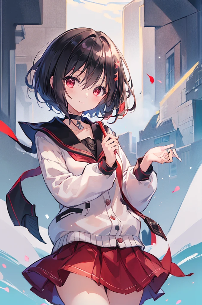 (masterpiece, highest quality, highest quality, (No text), Beautiful and aesthetic:1.2),No text,アニメ、BREAK,One Girl，Black Hair Girl　short hair　older sister　choker　Tree Eyes　Beautiful eyes　Red eyes　cool　smile　Red and Black　Black jacket　mini skirt　whole body　In town