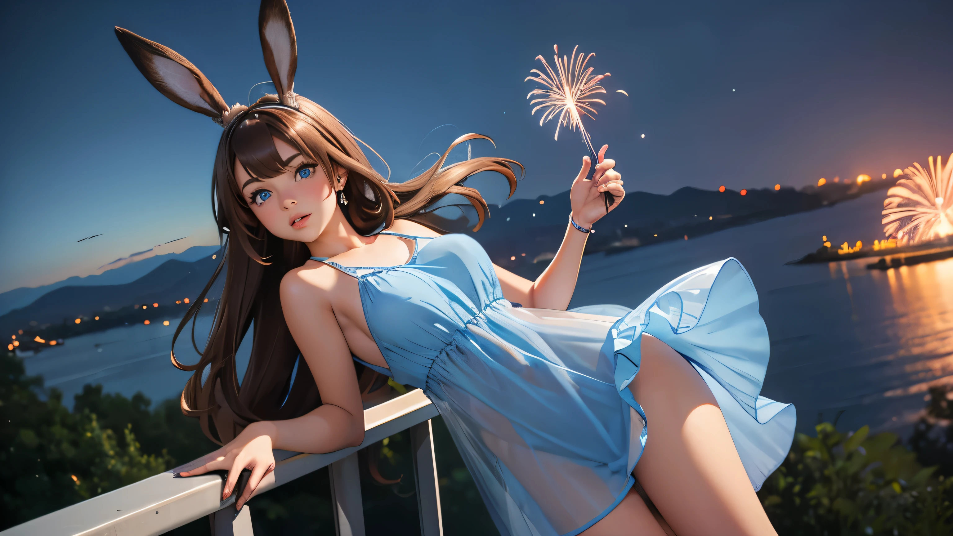 Woman, Brown HAir, Long Hair, Ponytail, (Brown Rabbit Ears), Blue Eyes, Very Large Breasts, ((Short Blue Translucent mini dress)), (((Translucid Dress))), High Heels, (at Scenic Overlook Watching Fireworks), at night