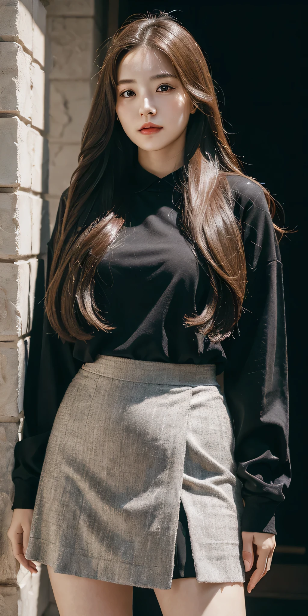 (Young woman at 25: 1.3), (Long hair: 1.2), (Professional skirt: 1.2), (Daytime: 1.2), (Square: 1.2), cinematic lighting, Surrealism, UHD, curate, Super detail, textured skin, High detail, Best quality, 8k, masterpiece, HDR.