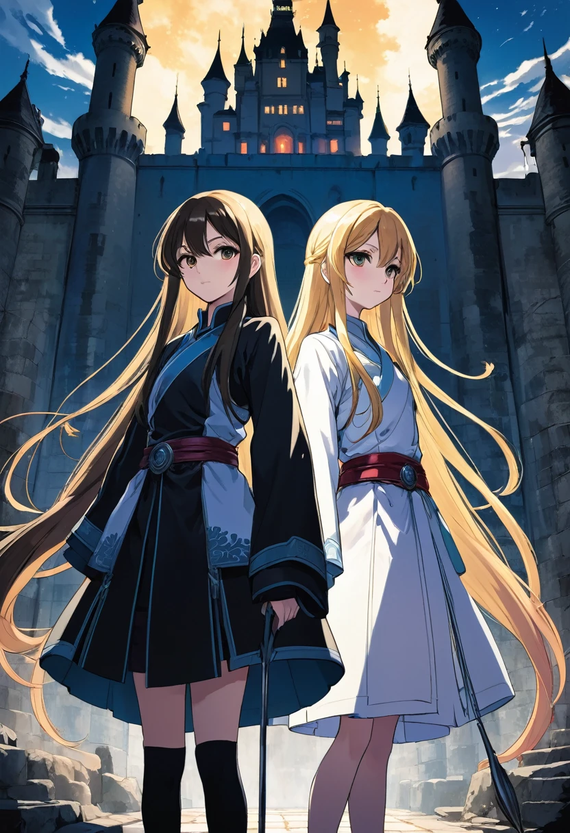 The book cover features intricately detailed artwork in an anime or manga style. On the left side, one twin girl with a neat, heroic face and long straight hair casts a shadow. Beside her, another girl, not her twin, stands slightly behind or peeks out from behind her with a contrasting expression, adding depth to the scene. Both girls flank the male protagonist in the center, who confidently stands as the mine owner. He has short, sharp-jawed features and is dressed stylishly, emphasizing his central role. In the vibrant background, a majestic castle enhances the festive atmosphere, heightening the dramatic tension between the characters
