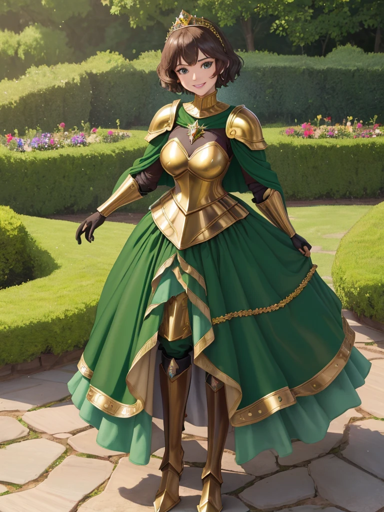 masterpiece, best quality:1.2), 1girl, smile, looking at viewer, green eyes, short brown hair, princess, armor, , pauldrons, armored dress, green cloak cape, wearing puffy blue ballgown skirt, golden tiara with green gem, armored boots, fingerless gloves, standing in medieval garden