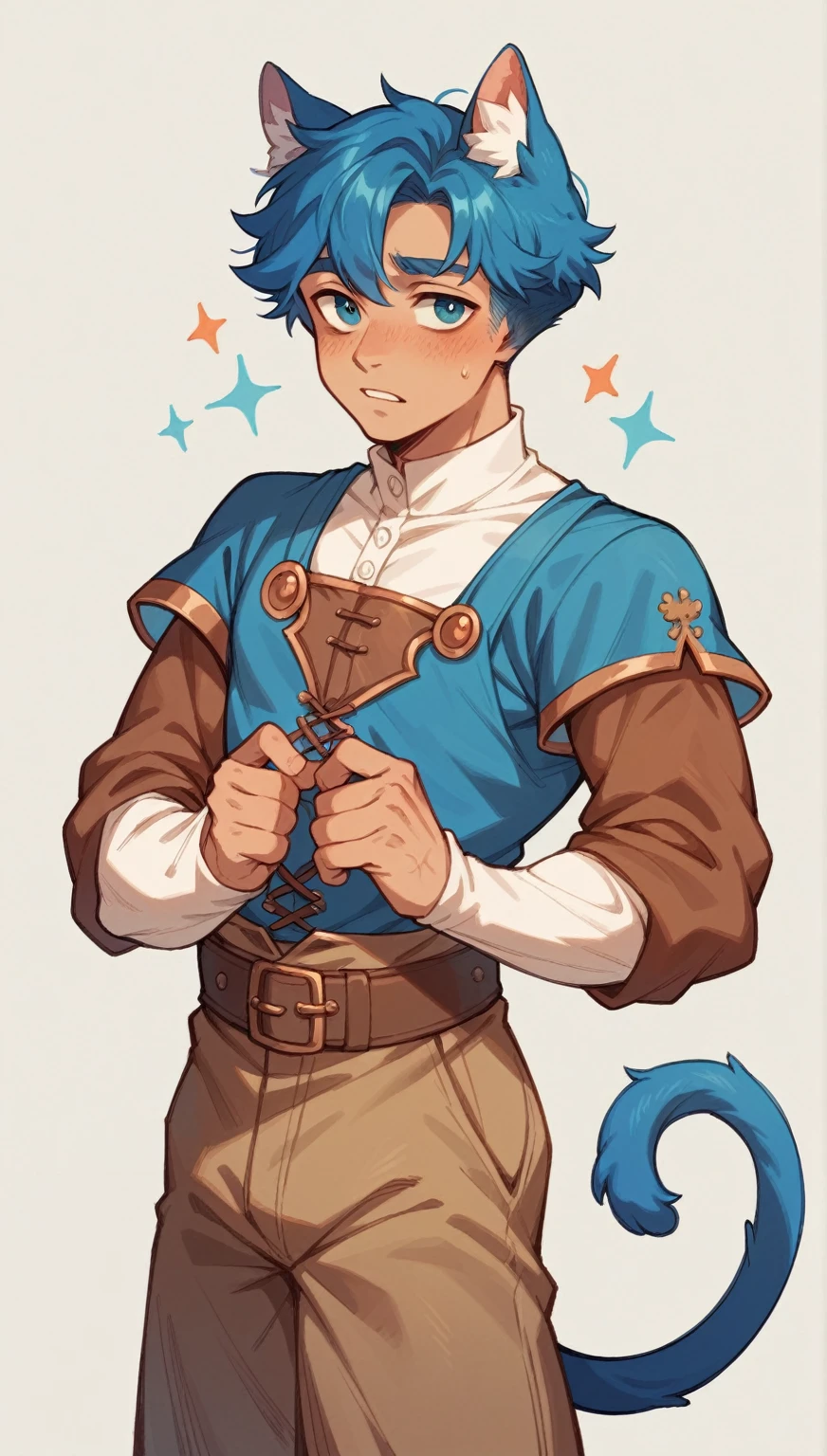 man is a male teenager with a cat's tail and blue ears and a feminine and delicate physique with a square hairstyle in medieval clothes of a fantasy miner